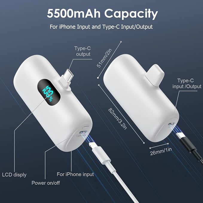 Mini Portable Charger USB C Power Bank,5500mAh PD Fast Charging Battery Pack Built-in USB-C Connector Travel Essential for iPhone17/17Pro/17Pro Max/Air/16 Plus/16Pro Max/15 Series,Android White - Image 5