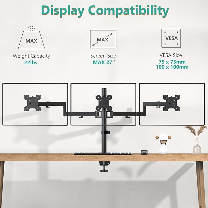 WALI Adjustable Triple Monitor Mount for 13-27 inch Screens, 22 lbs per Arm | 3 Monitor Desk Mount, Full Motion with Tilt, Swivel, Rotation, C-Clamp & Grommet Base, VESA 75/100mm (M003S), Black - Image 3