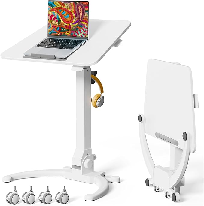 JOY worker Foldable Standing Desk on Wheels, Mobile Adjustable Laptop Desk | Max Height 47.6", 90° Tiltable Board & Base, Portable Height Adjustable Workstation with Lockable Casters, Holds 22lbs, White by JOYworker