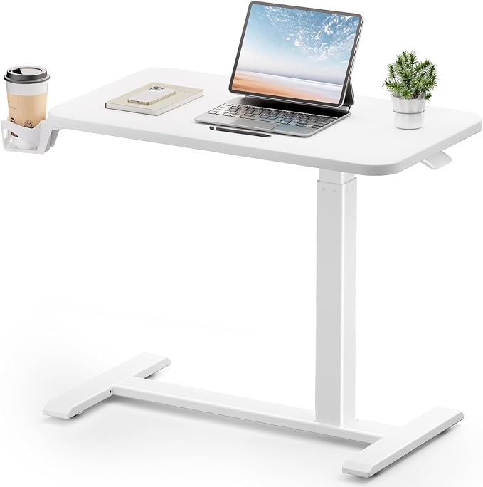 GTPLAYER Small Standing Desk with Hidden Wheels, Pneumatic Mobile Rolling Laptop Desk, Adjustable Height Overbed Bedside Table Computer Workstation for Home Office (32" W x 16" D, White) by GTPLAYER