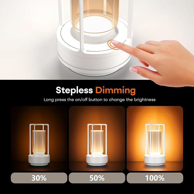 Rechargeable Cordless Small Metal Table Lamp, Stepless Dimming, 3-Color | White，2600mAh Battery, Portable LED Desk Light, Cute, Suitable for Indoor/Outdoor/Restaurant/Bedroom/Bar/Coffee/Camping - Image 5