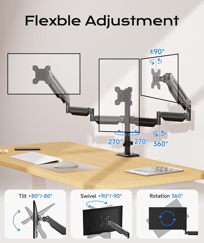 Pholiten Triple Monitor Mount for17-32 inches Screen, 2 Gas Spring Arms | Fully Adjustable Heavy Duty Monitor Arm, Clamp & Grommet Mounting, Holds 22 lbs Each - Image 5