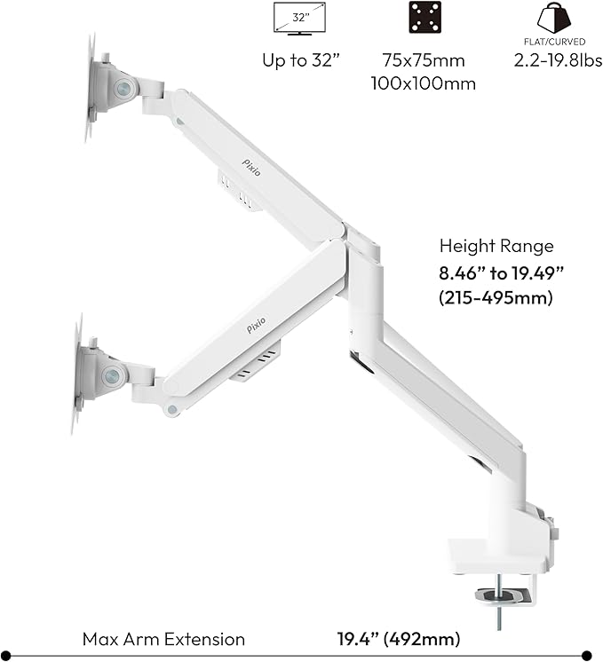 Pixio PS1D Wave White Dual Monitor Arm Stand Desk Mount - Fits up to 32 inches Monitors and up to 19.8lbs. VESA Compatibility and Integrated Cable Management - Image 4