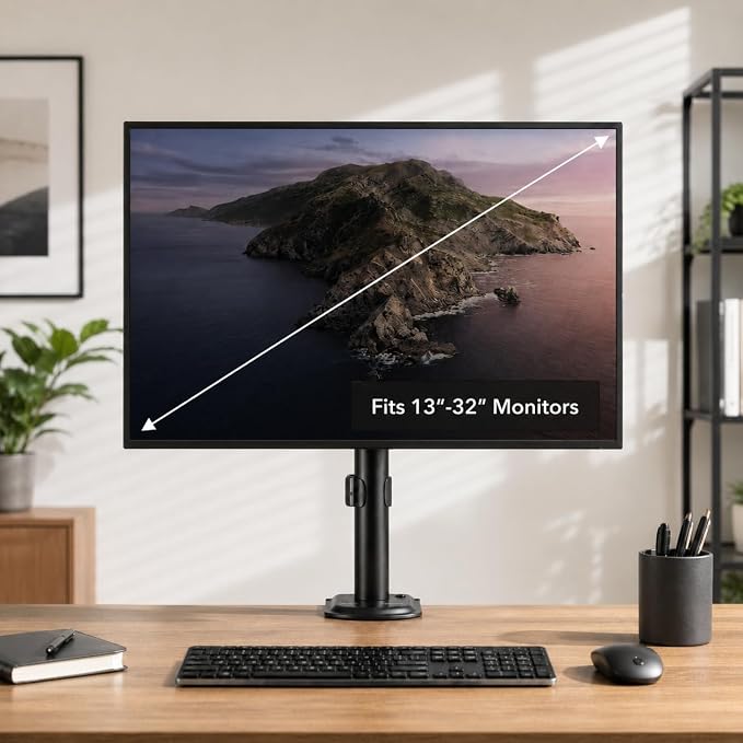 Mount-It! Single Monitor Desk Mount, Full Motion Arm, Fits 17-32" Screens | Full motion arm adjusts tilt, swivel & rotate, VESA compatible, clamp & grommet base. - Image 2