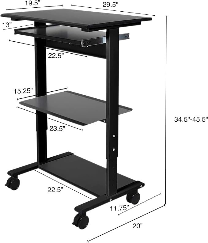 Stand Up Desk Store Mobile Rolling Adjustable Height Standing Workstation with Printer Shelf and Slideout Keyboard Tray (Black Frame/Black Top, 30" Wide) - Image 3