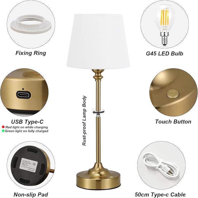 Kakanuo Gold Cordless Table Lamp with Rechargeable Battery, 1 Pack | Touch Stepless Dimming with Memory, 4000mAh Capacity, 3000K Warm Light, for Bedroom, Dining Table, Counter, Living Room - Image 5