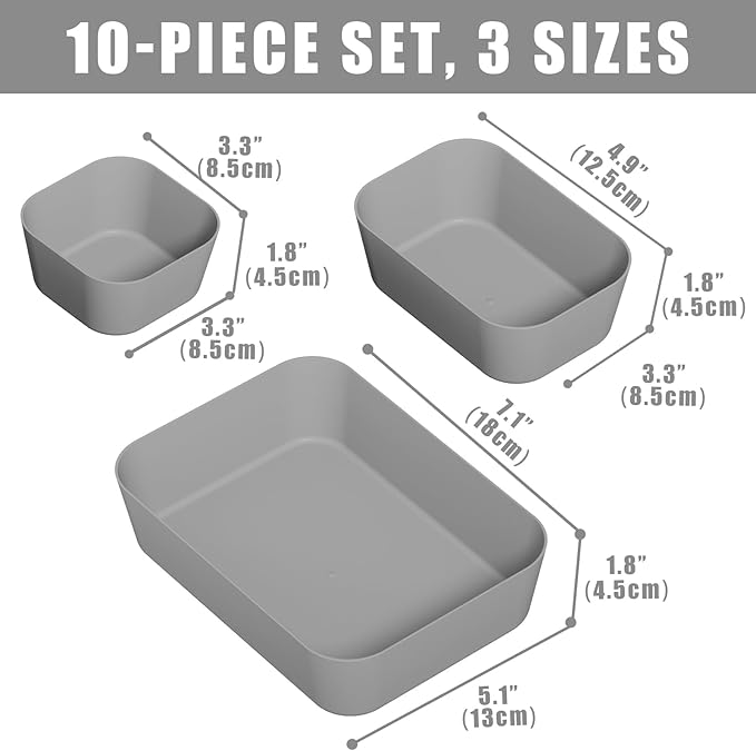 Drawer Organizers Bins 10 PCS for Bathroom Makeup Desk Office | with Non-slip Pads, 3 Sizes, Plastic Tray, Vanity Organizer, Kitchen Utensils Organizer - Image 2