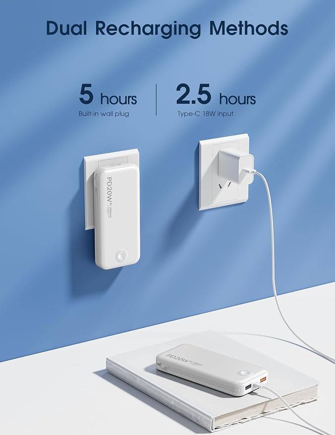 Nusyddy Portable Charger 10000mAh Fast Charging w/Built-in Wall Plug White | PD20W Fast Charging, LED Indicator, Pass Through Charging, TSA Approved, Compact/Slim, Power Bank for iPhone/iPad/Samsung - Image 7