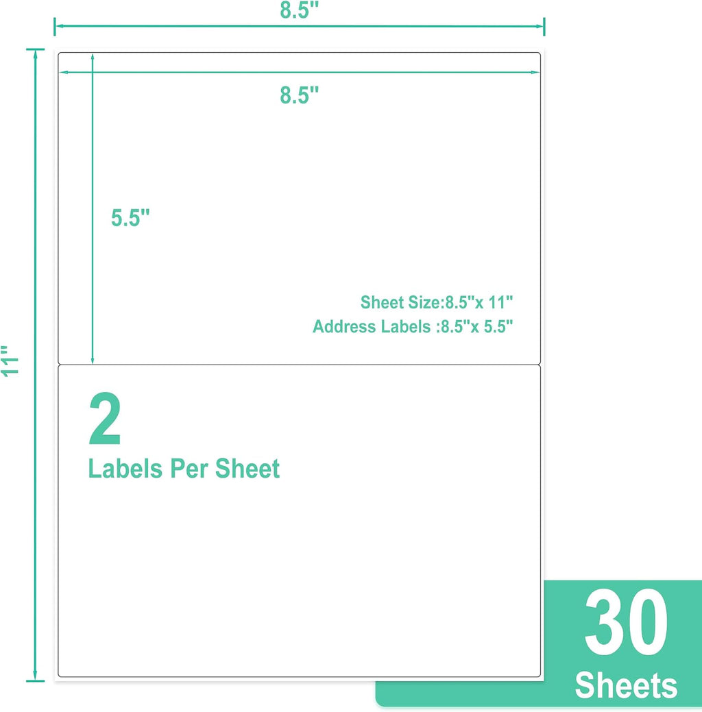 LLIKED Half Sheet Shipping Label, 60 Labels, 5.5 x 8.5，30 Sheets - Image 2