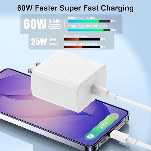 60W USB C Quick Wall Charger Block for Galaxy S26 Android Phones, 3Pack Super Fast Charger Adapter with Bulk 3/6/10FT Long USB C Charging Cable Cords for Samsung Galaxy S26+/S25/S24/S23 Ultra - Image 2