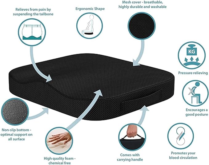 Portable Seat Cushion for Office Soft Memory Foam Seat Cushion Non Slip Bottom with Carry Handle,Washable Cover，Comfortable Coccyx Cushion for Home Office Chair Pad，Car Seat, Wheelchair (Black) - Image 2