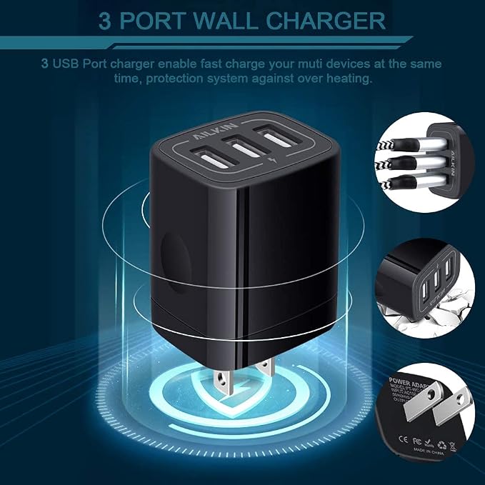 Wall Charger Plug, USB Charger Cube, AILKIN 3.1A 3-Muti Port USB Adapter | Power Plug Charging Station Box Black Base for iPhone 17 16 15 14 13 12 11 Pro Max/SE, Samsung Galaxy Phones Charge Block - Image 2