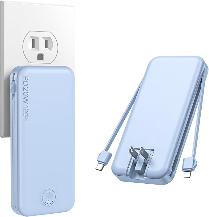 Nusyddy Portable Charger 10000mAh Fast Charging w/Built-in Wall Plug Blue | PD20W Fast Charging, LED Indicator, Pass Through Charging, TSA Approved, Compact/Slim, Power Bank for iPhone/iPad/Samsung by NUSYDDY