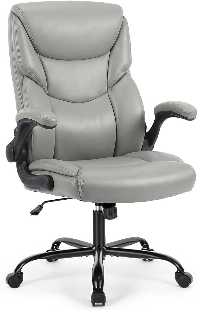 OLIXIS PU Leather Desk Chair, Ergonomic Office Chair, Flip-up Armrest | High Back, Swivel Rolling Wheels, Heavy Duty, 275lbs,Comfortable,Executive, Grey by OLIXIS
