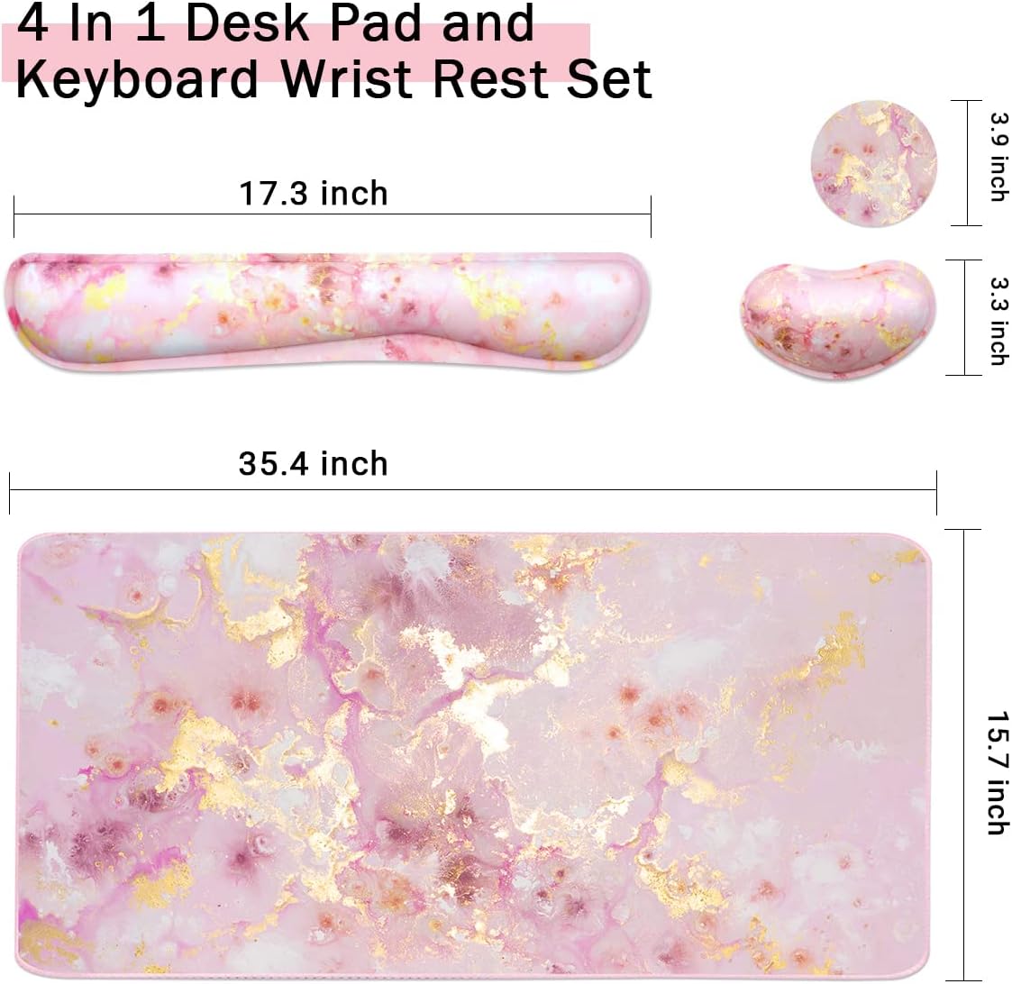 Large Mouse Pad and Keyboard Wrist Rest, Desk Pad for Keyboard and Mouse, 4-in-1 Large Gaming Mouse Pad with Wrist Support, Non-Slip Desk Mat for Home Office Study Game-Pink Gold Marble - Image 4