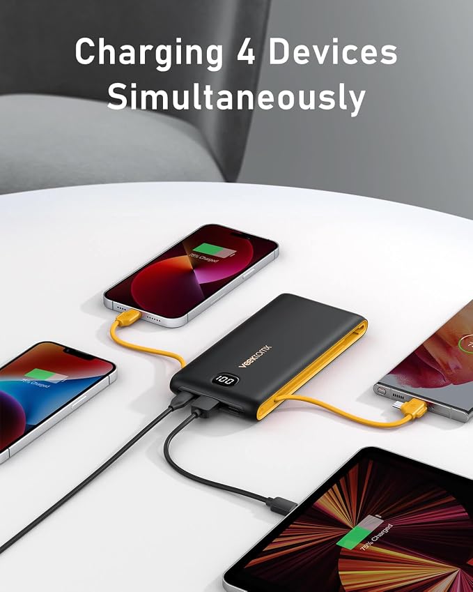VEEKTOMX 10000mAh Portable Charger with Built-in Cables & Wall Plug | Fast Charging Slim USB-C Power Bank for iPhone, Samsung, iPad | 5 Outputs, Charges 4 Devices, ETL Certified, Black Yelllow - Image 5