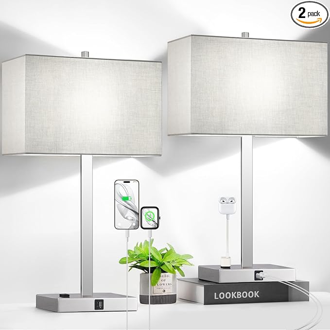 Lynnoland 21" Set of 2 Table lamp with USB A+C & AC Outlets, Touch Control 3-Way Dimmable Nightstand Lamps for Bedroom Living Room Office Reading, Gray Shade Touch Lamps, 5000K LED Bulbs Included by BringBrightnesstoYourLife