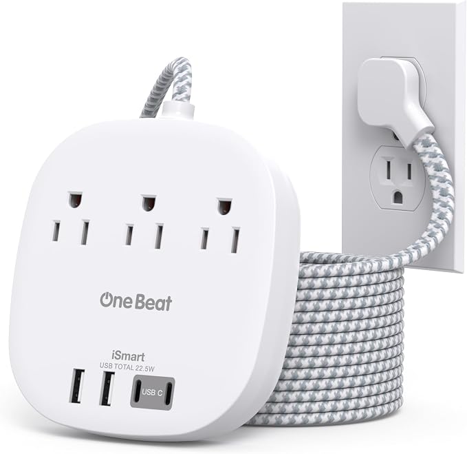 Extension Cord 10 Ft, 22.5W/4.5A Surge Protector Power Strip 10Ft Long Cord | 3 Outlets 4 USB Ports (2 USBC), Desktop Charging Station Power Strip Long Cord for Home Office College Dorm Essentials by OneBeat