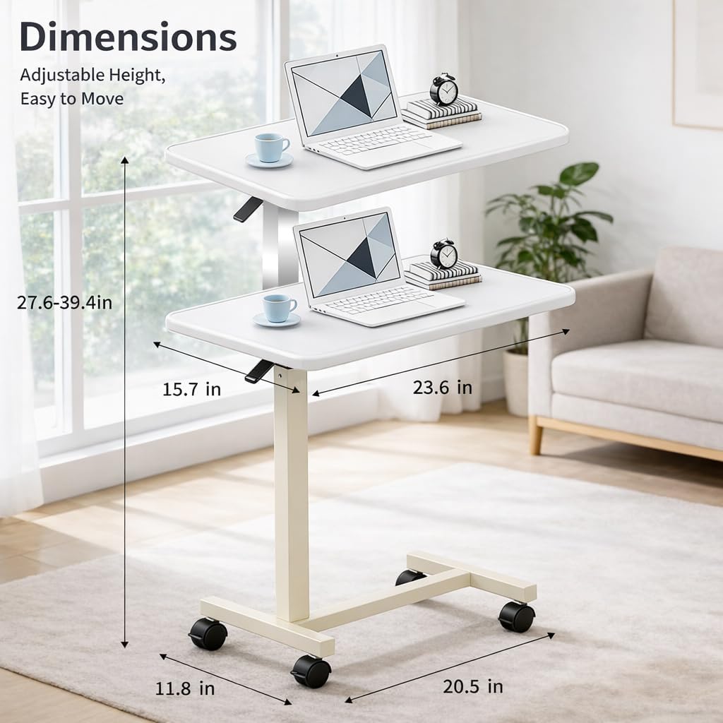 Adjustable Overbed Table with Wheels, Pneumatic Height Lift Rolling Bedside Table, Standing Desk for Home & Office Use, Ideal for Seniors & Limited Mobility(White) - Image 2