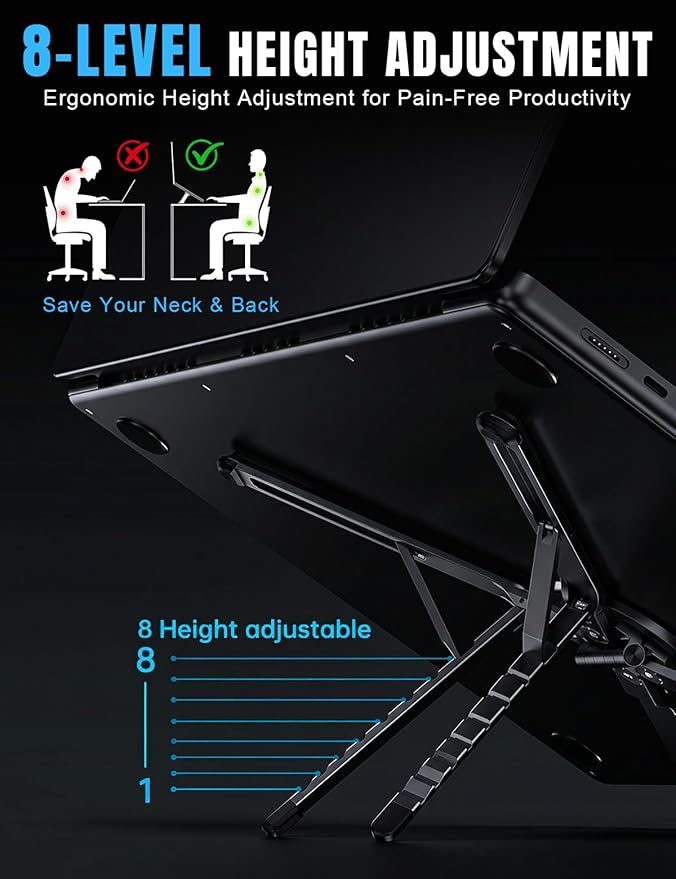 Magnetic Phone Stand & Foldable Laptop Riser, Matte Black Multi-Device Aluminum Desk Mount, N52 MagSafe Tripod Grip for Travel Office, Ergonomic Elevator for MacBook, iPad & iPhone - Image 4