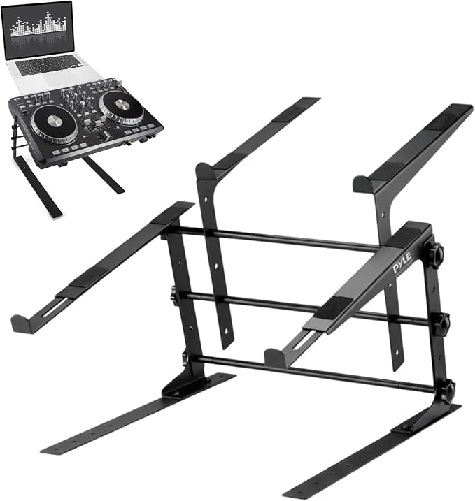 Pyle Portable Dual Laptop Stand - Standing Table with Adjustable Height, Ergonomic Design & Anti-Slip Prongs for DJ Mixer, Sound Equipment, Workstation, Gaming & Home Use - PLPTS38, Black by PyleUSA