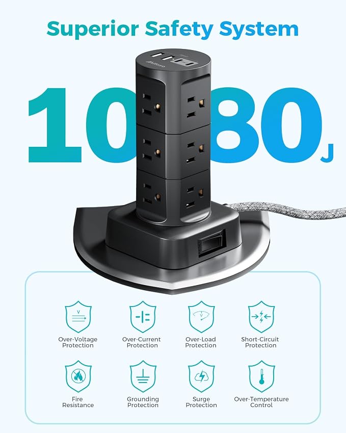 Charging Station Tower, 10Ft Power Strips with Surge Protection, Flat Plug | 12 Outlets 4 USB Ports, 1875W/15A 1080J Extension Cord with Multiple Outlets, Office Desk Supplies, Dorm Essentials - Image 7
