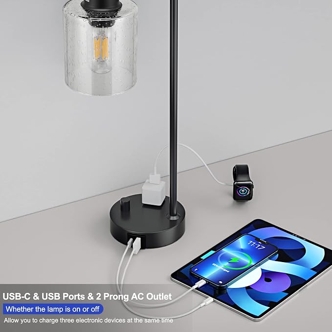 Industrial Desk Lamp, Fully Dimmable Small Bedside Table Lamp, Black, USB C | Glass Shade, USB C+A Charging Port & Outlet, Lamps for Bedroom, Night Stand, Home Office, Living Room - Image 3