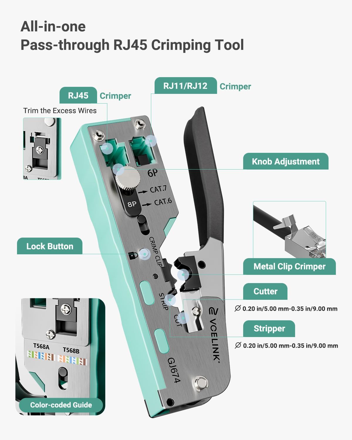 VCELINK RJ45 Crimp Tool, All-In-One CAT7/6A Crimper, Adjustable Knob, Green - Image 2