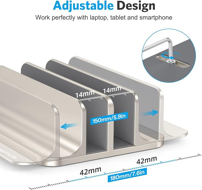 OMOTON Dual Vertical Desk Laptop Stand Holder, Fits MacBook Air, Starlight | Aluminum Laptop Storage Rack for Desk, Adjustable Dock for Up to 17.3 in. Gaming Laptop, Space-Saving Desk Organizer - Image 4
