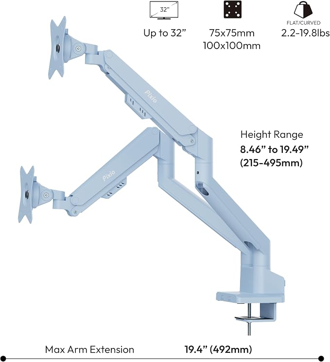 Pixio PS1D Wave Blue Dual Monitor Arm Stand Desk Mount - Fits up to 32 inches Monitors and up to 19.8lbs. VESA Compatibility and Integrated Cable Management - Image 4