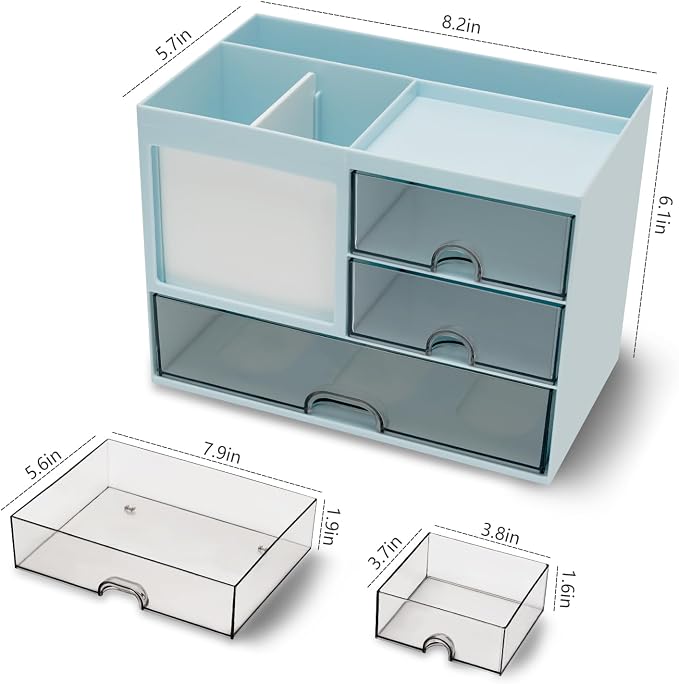 QIYVLOS Desk Organizer with 3 Drawer, Multi-Functional Pencil Pen Holder for Desk, Desk Organizers and Storage with 8 Compartments, Desktop Organizer for Office Home Art Supplies (Blue) - Image 6