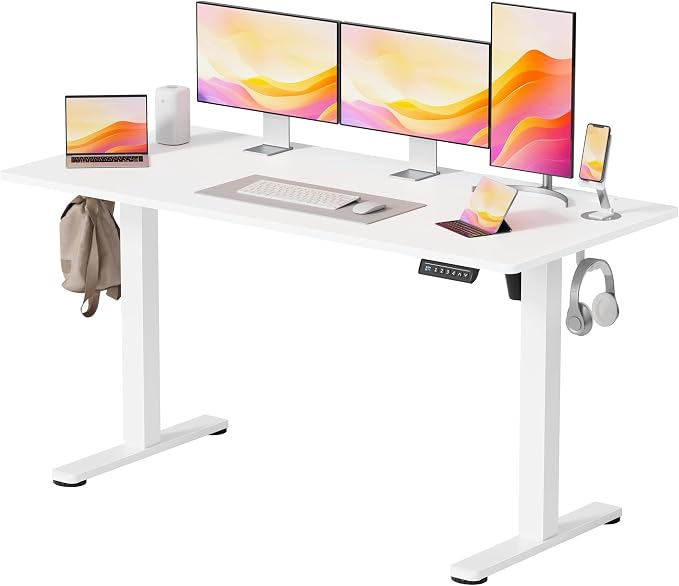 YESHOMY Height Adjustable Electric Standing Desk, 55 x 24 Inches Memory Home Office Sit Stand up Desk with Phone Holder and USB Charging Port, White by SearchallYESHOMY