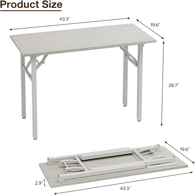 TEMI Small Computer Desk Folding Table - 43.3" Foldable Office Desk, No Assembly, Perfect for Small Spaces in Bedroom, Dorm, or Apartment, Portable Mini Desk or Study Table Compact Design, White Ash - Image 3