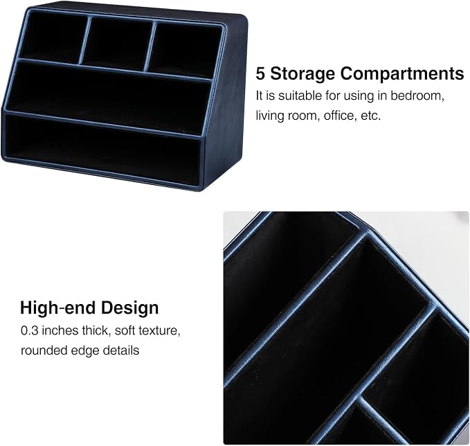 PU Leather Desk Organizer, Remote Control Holder, Dark Blue | Luxury Nightstand Organizer for Home, Office Desk Accessories, Bedside Table Caddy with 5 Compartments, Velvet Lining - Image 5