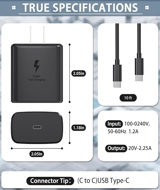 2025 New 45W Super Fast Charger Type C 3.0 2 Pack with 10FT Type C Charging Cable Cord-45W USB-C Charger Block Replacement for Samsung Galaxy S25 Ultra/S25/S25+/S24/S24+/S24Ultra/S23+/S23 Ultra - Image 7