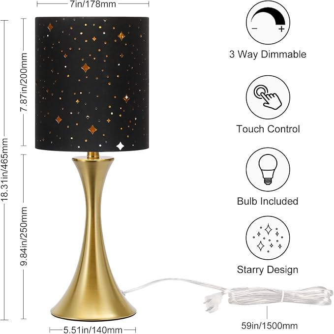 Touch Table Lamp,3 Way Dimmable Gold Bedside Lamp with Black Star Shade | Touch Control Nightstand Lamp, Decorative Ambient Bedside Light for Living Room, Bedroom, Dorm, Office, LED Bulb Included - Image 2