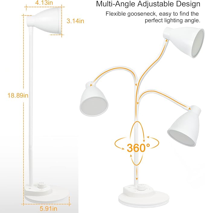 BOHON LED Desk Lamp with USB Charging Port, 3 Color Modes Dimmable, White | Reading Lamp, Auto Dimming Task Lamp, Flexible Neck Table Light for Dorm Bedside, Adapter Include - Image 5