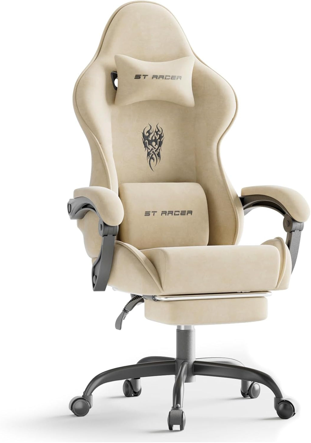 Velvet Fabric Gaming Chair, High Back Ergonomic Gamer Chair for Adult, Comfortable Video Game Chair with Footrest and Massage Lumbar Cushion, Racing Reclining Office Computer Desk Chair Beige by Ferghana