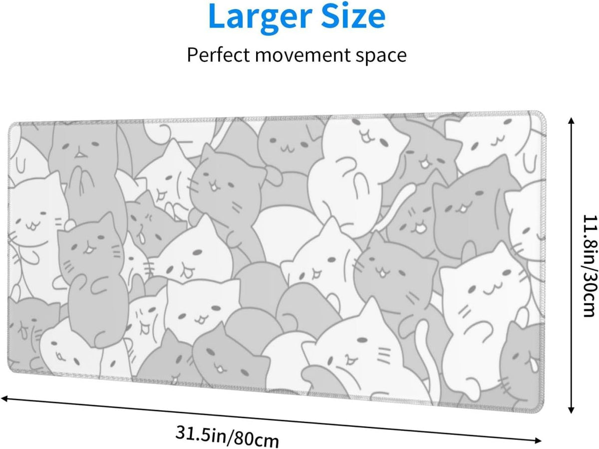 White Kawaii Cats E-Sport Mouse Pad Large Desk Mat Non-Slip Rubber Base Stitched Edge Keyboard Mouse Pad for Office Home E-Sport Computer Laptop, 31.5×11.8 Inches - Image 2