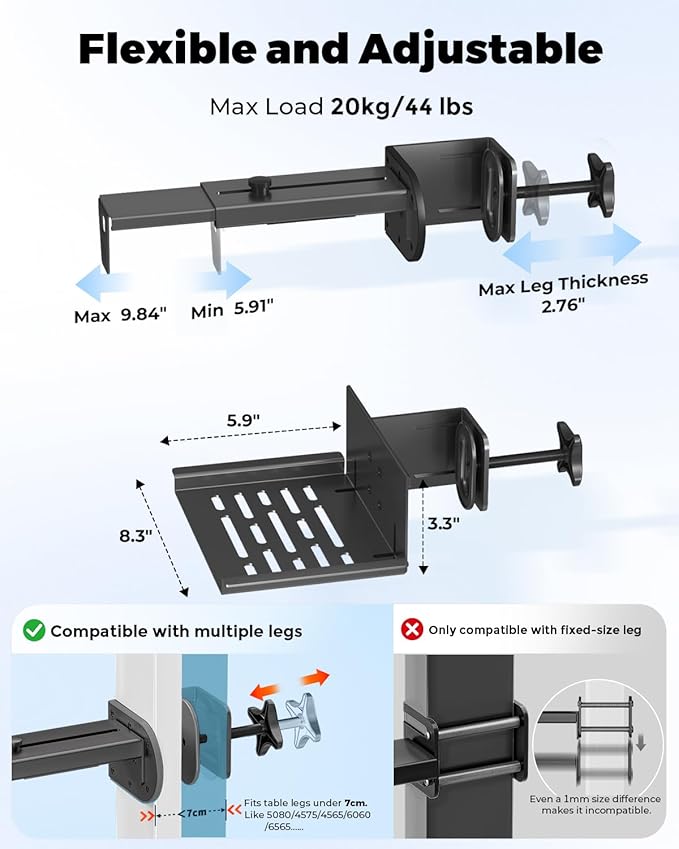 JOY worker Under Desk PC Mount for Standing Desk, Clamp-On Leg CPU Holder | No Drilling, Clamp-On Desk Leg, Black Adjustable Computer Tower Mount Holds Up to 44lbs, Under Desk PC Holder, Space Saving - Image 2