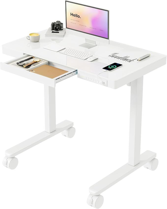 Monomi 35x20" Glass Electric Standing Desk with Drawer and Wheels, White by MONOMI