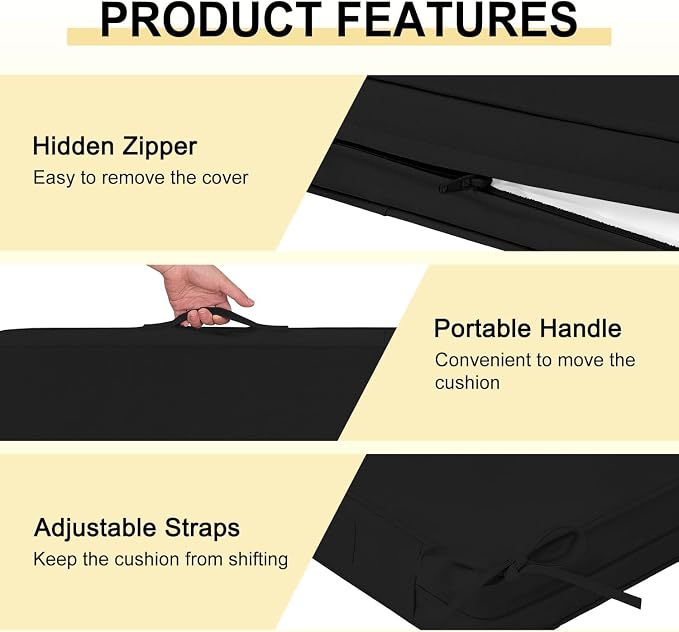 downluxe Waterproof Outdoor Chair Cushions for Patio Furniture, 22" x 22" x 3" Patio Chair Cushion with Adjustable Ties & Portable Handle, Square Outdoor Cushion with Removable Cover, Black, 2 Pack - Image 5