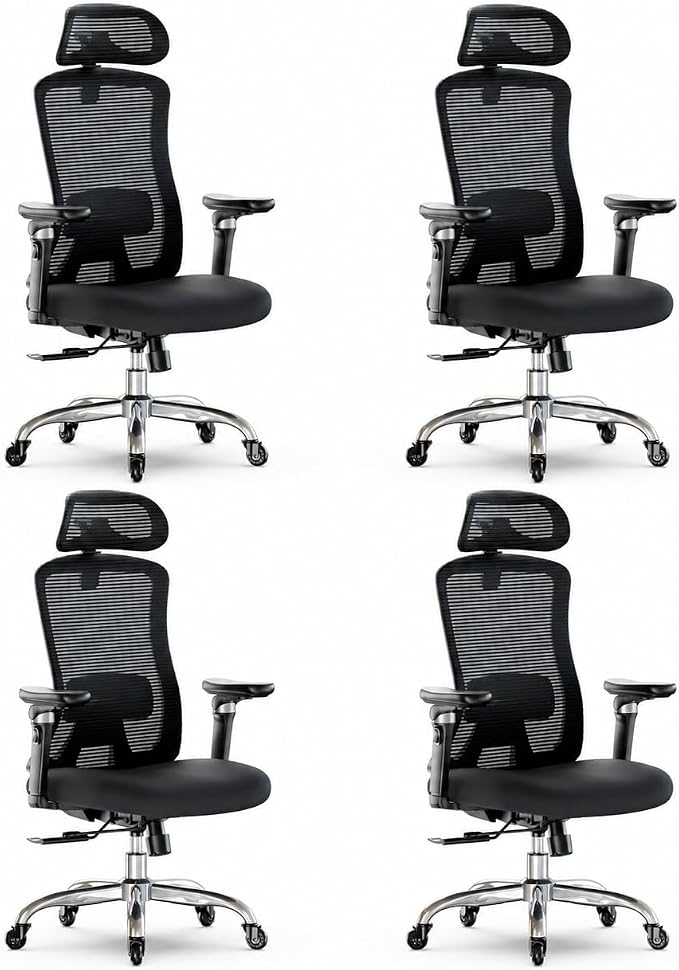 Marsail Ergonomic Office Chair with 6D Armrests, 3D Adjustable Headrest, Slide Seat, Lumbar Support, and 4-Position Tilt Lock – Big and Tall Office Chair with 330 lbs Capacity, Pack of 4 by Marsail