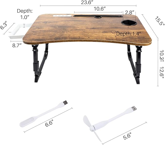 BYMECOST Laptop Desk for Bed, Height Adjustable Laptop Bed Table, Foldable Portable Lap Desk Stand with USB/Storage Drawer/Cup Holder/Slot, Breakfast Tray for Working Reading Writing Eating - Image 5