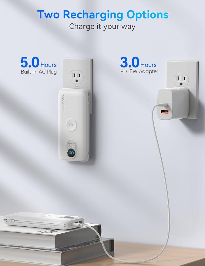 Portable Charger Power Bank 10000mAh PD20W w/Built-in Cables & AC Plug | Portable charger iphone,Fast charging, Built-in wall plug, LED display, Charge 6 devices at once, Pass through charging - Image 6