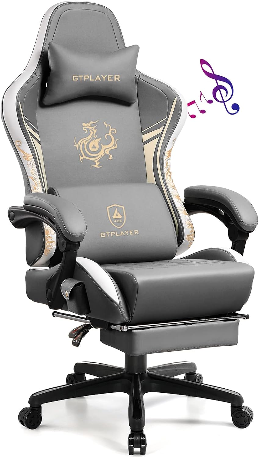 GTPLAYER Gaming Chair with Bluetooth Speakers and Footrest, Dragon Series Video Game Chairs, Heavy Duty Ergonomic Chairs, Esports Gaming Computer Office Chair (Gray) by GTPLAYER