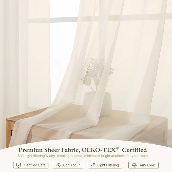 Short Cream Sheer Kithen Cafe Curtains 24 Inch Length 2 Panels Set | Half Curtains for Living Room Bedroom Basement Bathroom Small window, Sheer curtain over sink, Rod Pocket, Each 42"W x 24"L - Image 3