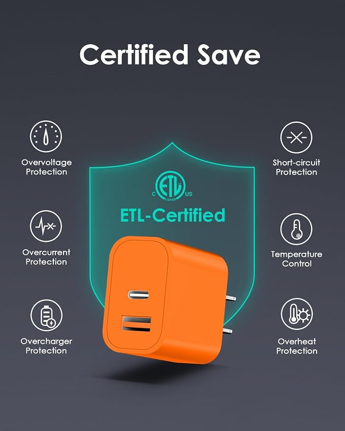 [4 Pack] USB C Charger Block Fast Charging Multiport Adpater [PD 20W USB-C & QC 3.0 USB-A Port] for iPhone 17/16/15/14/13/12/11/X/9, iPad, Galaxy, Google & More [Orange] - Image 5