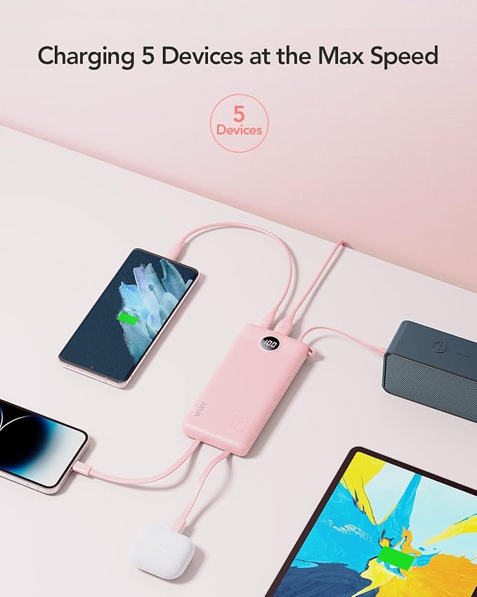 VRURC Portable Charger Power Bank, Built-in 4 Cables & 2 Ports 10000mAh | LED Display Slim Battery Pack,Compact Travel Essential Portable Phone Charger 5 Output for Multi Devices,Student/Teens(1Pack) - Image 4