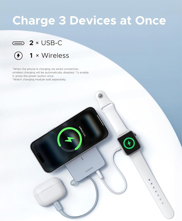 UGREEN MagFlow 10000mAh Qi2 25W Wireless Power Bank Built-in Cable | Qi2 25W fastest wireless, built-in cable, 30W PD wired. MagSafe compatible. for 17/12 - Image 5